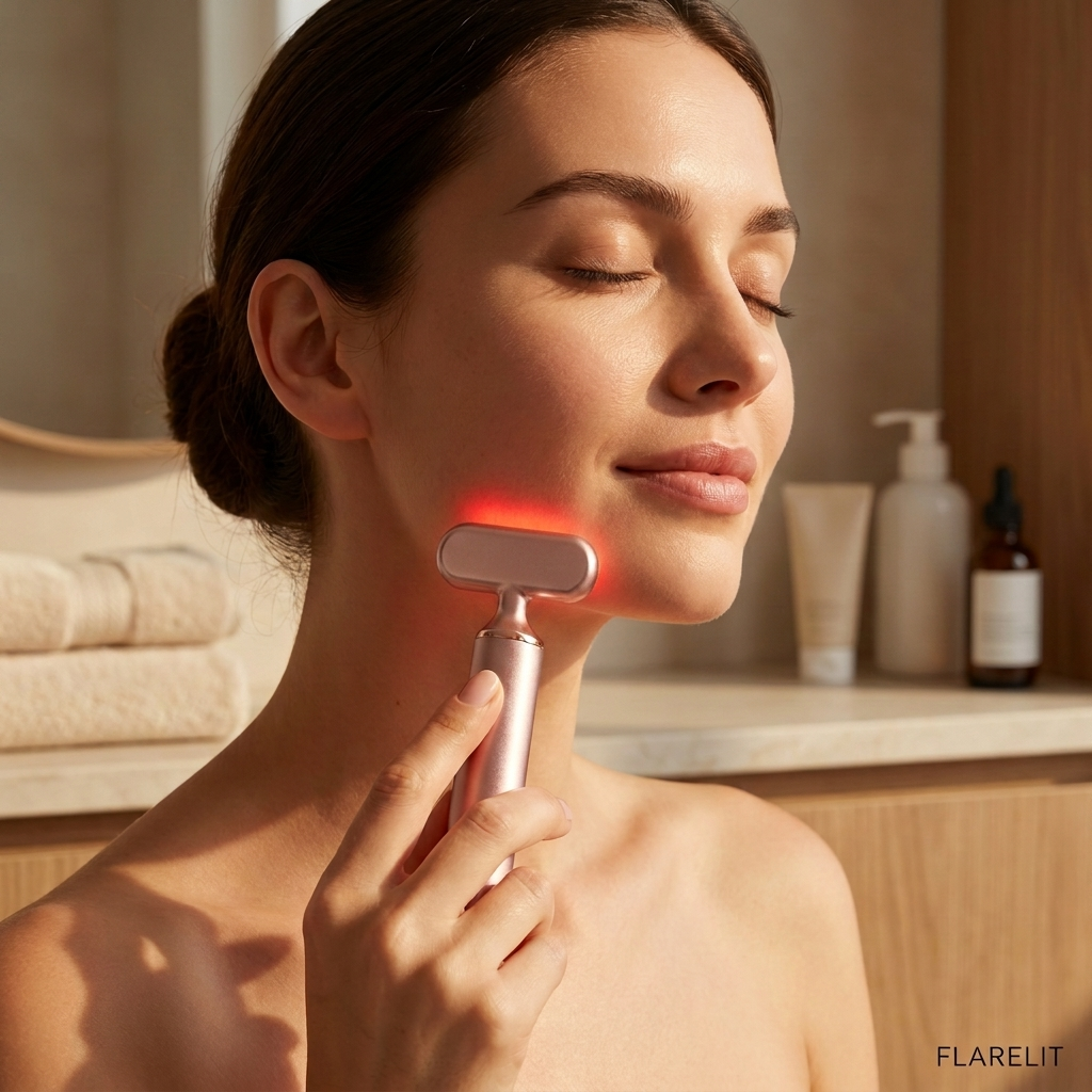 Woman gliding the pink Flarelit Glow Wand along her jawline
